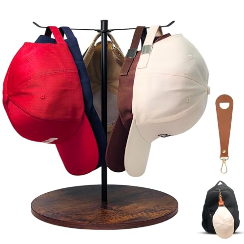 VAZINE Rotating Baseball Cap Organizer & Travel Hat Clip Bundle, Wooden Hat Organizer for 12 Baseball Caps, Portable Hat Clip for Travel on Bag (Brown)