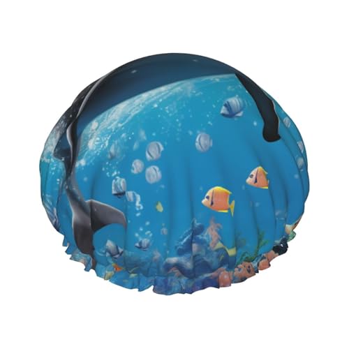 Bonito gorro de ducha con estampado de delfín para mujer, doble capa, impermeable, elástico, reutilizable, protección para el cabello, gorro de baño para spa, salón de baño, damas