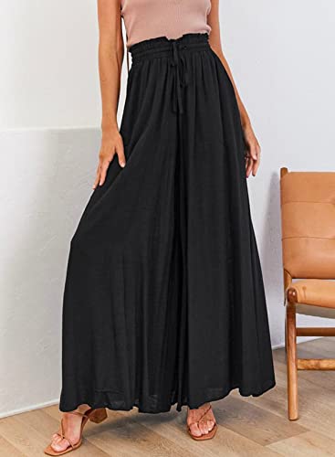 Cyparel Women's Boho Palazzo Pants High Waisted Flowy Wide Leg Chiffon Dress Pant Flare Elastic Waist Summer Trousers Black #TOP2