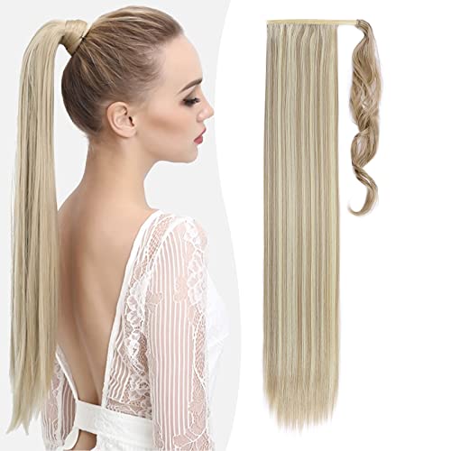 Benehair Ponytail Extension 32 Inches Long Wrap Around Ponytail Hair Extension Straight Synthetic Clip in Hairpiece for Women Light Blon/Platinum Blon mix