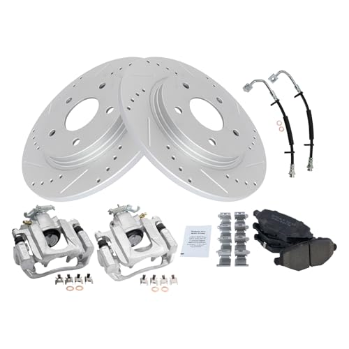 Image of TRQ Performance Rear Brake Pad and Rotor Set Ceramic Slotted Drilled Coated Rotors Calipers Compatible with 12-16 Chrysler Town and Country Grand Caravan 12-15 Ram Cargo Van 13-14 Volkswagen Routan