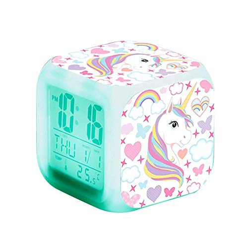 Weiqiao® Sveglia digitale con unicorno, per ragazze, luce notturna a LED, a forma di cuore, temperatura, orologio da comodino, per bambini, donna, regalo per camera da letto