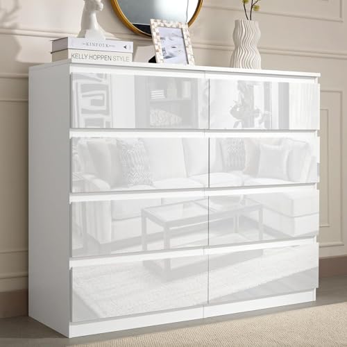 LSBIKE Weiß Kommode mit 6,8 Schubladen, Hochglanz Moderne Kommode mit Schubladen, Stabiler Komodenschrank & Sideboard Weiß für Schlafzimmer, Wohnzimmer, Flur, Kommoden als Sideboards (8 Schubladen)