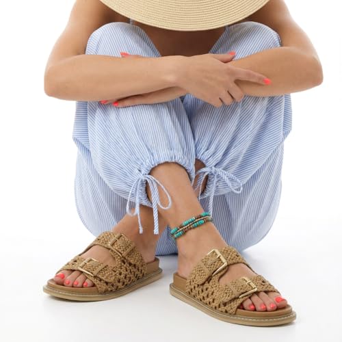 CUSHIONAIRE Weaver Summer Sandals for Women 2025 - Shiny Raffia Woven Slip On Womens Slides with Adjustable Buckle, TAN 8.5W by CUSHIONAIRE - Used condition - Image 5