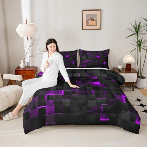 Image of Erosebridal Black Purple Comforter Set Queen Neon Geometric Checkered Bedding Set for Girls Teen Women,Tereoscopic Grids Comforter Square Plaid Quilt Duvet Room Decor 3 Pcs
