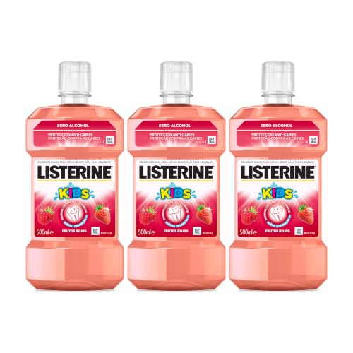 Listerine Enjuague Bucal Sin Alcohol para Niños, Smart Rinse, Sabor Frutos Rojos, Protección Anti Caries, Con Flúor, 500 ml (Paquete de 3)