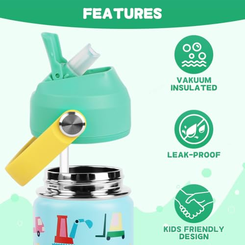 Miniatura 4 de Amfun Botella De Agua Para Niños De Acero Inoxidable 350ml, Patrón De Coche Botella De Agua Aislada, Botella Termica Con Pajita, Reutilizable, Sin Bpa, Sin Fugas, Asa De Transporte