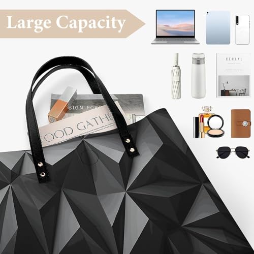 Black Geometric Handbag Leather Tote Shoulder Bag Satchel Handbag with Top Handles Large Casual Handbags with Shoulder Work Bag for Women Travel Purse Dating Gift4
