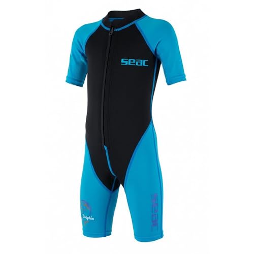 SEAC Unisex Youth Dolphin, Shorty Wetsuit Kids in a 1,5mm Neoprene Lycra for Swimming, Snorkelling and Playing in The Water, Black/Light Blue, 9 Years