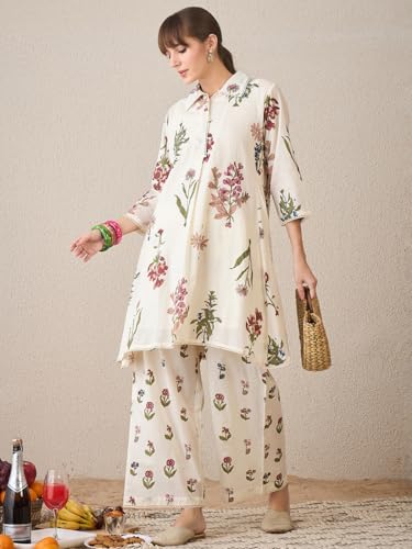 Image of INDO ERA Women's Pure Cotton Embroidered Straight Kurta & Palazzo Set | cotton kurta sets for women