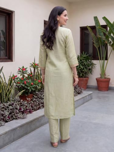 Image of INDO ERA Women's Silk Blend Solid Straight Kurta with Pant & Dupatta Set