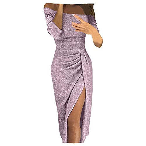 Vielone Womens Off Shoulder Metallic Glitter Ruched High Slit Evening Party Cocktail Dress
