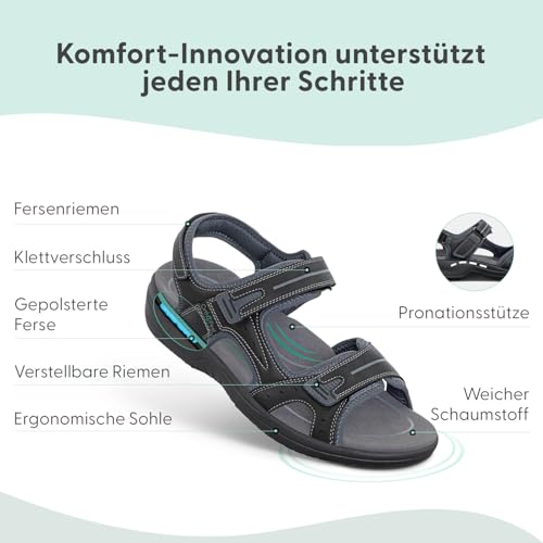 Orthofeet Herren orthopädischer Sandalen Style mit flexiblen Obermaterial in Schwarz Gemini Sandale, Größe 40.5
