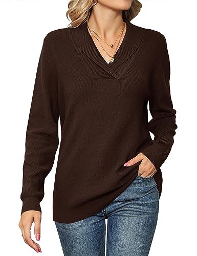 IECCP Pulli Damen Langarm Strickpullover V-Ausschnitt Pullover Damen Winter Sweatshirt Oberteil Shirts Braun M