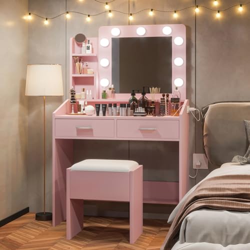 GarveeHome Vanity Desk with Mirror and Lights, Makeup Vanity with Power Outlet & Cushioned Stool, 3 Lighting Modes Adjustable Brightness, Dressing Table with Hairdryer Holder for Bedroom, Pink