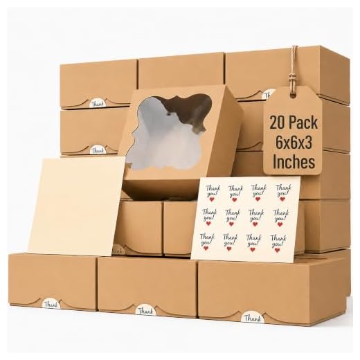 20 Pack 6x6x3 Bakery Boxes with Window – Extra Thick Small Cookie Boxes for Gift Giving – Treat Boxes for Small Cake, Pastry, Strawberries, Dessert, Candy, Charcuterie, Baked Goods and Food (Brown)
