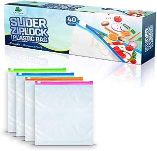 40 pcs Large Freezer Bags with Ziplock  Flat Bottom Plastic Wallets for Food, Snacks, Fruit, Veggies, Lunch  Clear Paper Party Bags in 4 Colours (10,5 x 11 inch)