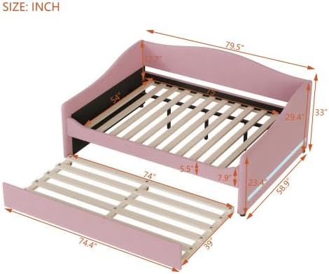 Miniatura 11 de MERITLINE Sofá cama tapizado de tamaño individual con nido y LED, marco de cama de día de forro polar con listones de madera maciza, sofá cama