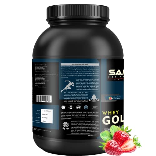 Image of SamFit Pro Gold Class Whey Protein | Chocolate Americana | 2.2 Lbs | 1kg | 24 Gram Protein per Scoop | USA made Whey (Strawberry, 1kg)