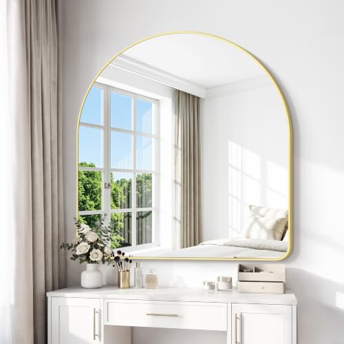 Image of BONEWEI Arched Wall Mirror,42x42 inch Gold Arched Mirror Bathroom,Large Vanity Mirror for Over Sink Metal Frame,Tempered Glass Arch Mirrors for Bedroom,Entryway,Living Room,Home Decor Shatter-Proof