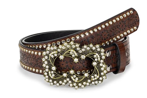 FGSS Women Rhinestone Embossed Belts Fashion PU-Leather Waist Belt Western-Cowboy Cowgirl Belts with Diamond Buckle