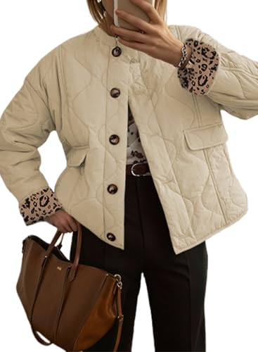 Dokotoo Puffer Jacket Womens Fall Fashion 2025 Baggy Round Neck Long Sleeve Button Up Leopard Quilted Jackets for Women Business Casual Warm Winter Clothing for Women Outwear with Pockets Apricot S