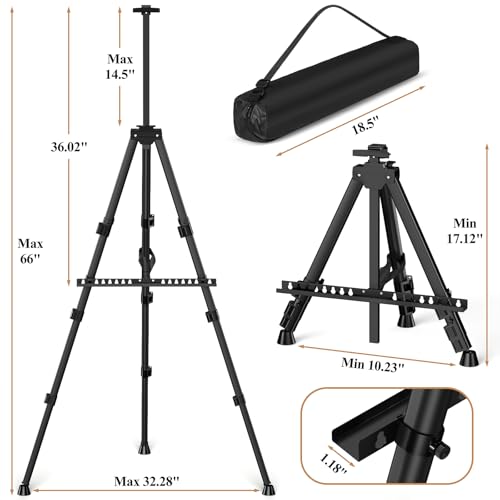 アートペインティング三脚イーゼルスタンド - ポータブルで調節可能なディスプレイアーティストメタルイーゼル 卓上/床の絵画用バッグ1個付き 高さ17~66インチ 描画やディスプレイに頑丈 - ブラック 3個パック [3]
