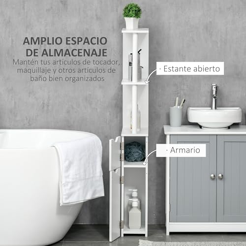 kleankin Columna de Baño Mueble de Baño con Puertas y Estantes Abiertos Armario de Baño Estilo Moderno 15,2x29,8x118 cm Blanco - imagen 4