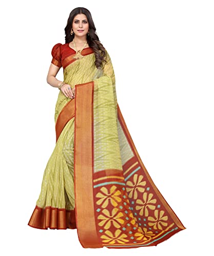 Image of Yashika Women's Printed Linen Jari Border Saree With Blouse Free Size (Dino Light Green)