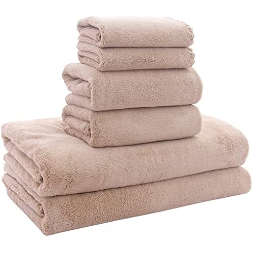 MOONQUEEN Ultra Soft Towel Set - Quick Drying - 2 Bath Towels 2 Hand Towels 2 Washcloths - Microfiber Coral Velvet Highly Absorbent Towel for Bath Fitness, Sports, Yoga, Travel (Brown, 6 Pcs)