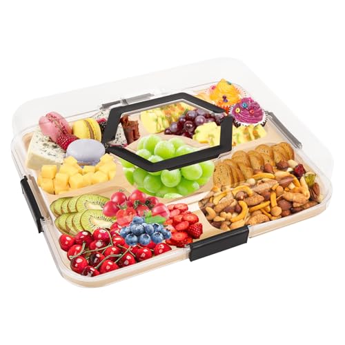 Charcuterie Boards with Lid, Wooden Charcuterie Board with Compartments Snack Board, Cheese Board with Lid Covered Food Board, Cheeseboard Gift for Picnic Camping, Boards (5 compartments)