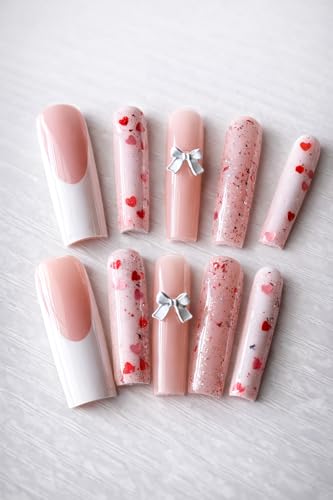 Extra Long Coffin Press On Nails – Pink Valentine Glue On Fake Nails