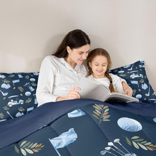 Image of Feelyou Navy Blue Golf Comforter Set King Size Leaves Bedding Set for Kids Boys Girls Sports Golfing Theme Duvet Quilt Bedroom Decor Microfiber 3 Pcs with 2 Pillow Cases