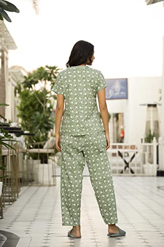 Image of SANSKRUTIHOMES Women's Premium 100% Cotton Printed Co-Ord Set | Short Sleeve Shirt & Pant Set | Pink Checkered Sun & Palm Tree Print | Casual Summer Resortwear, Vacation Wear & Comfortable Loungewear