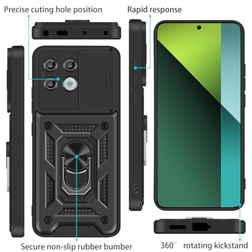 Yohii Funda para Xiaomi Poco X6/Funda Xiaomi Redmi Note 13 Pro 5G, con 2 Piezas Vidrio Templado, Cubierta De Cámara Deslizante, 360 Anillo Soporte PC y Silicona TPU Bumper Antigolpes Case, Negro