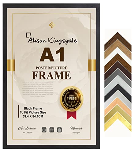 Alison Kingsgate Premium A1 Frame Black In Size 59.4 x 84.1 cm Frame - A1 Photo Frame with Clear Perspex Front & Wall Mounting to Hang Portrait or Landscape (Black)