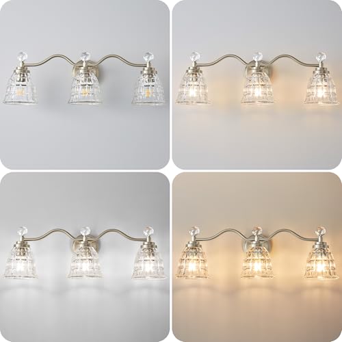 Image of Brushed Nickel Bathroom Light Fixtures Modern Vanity Lights with Crystal Shades, 3 Light Bathroom Vanity Light Wall Sconce Lighting for Bath-Room Ladies Room, Powder Room