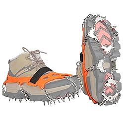 BLUEVER Crampones, 32 Dientes Tacos de Hielo Tracc...: Tracción mejorada de tacos de hielo: 32 puntas de acero inoxidable mejoradas multidireccionales resistentes a la abrasión. Cadena de soldadura más fuerte, con puntas más robustas. Los clavos de acero inoxidable de alta resistencia brindan una excelen...