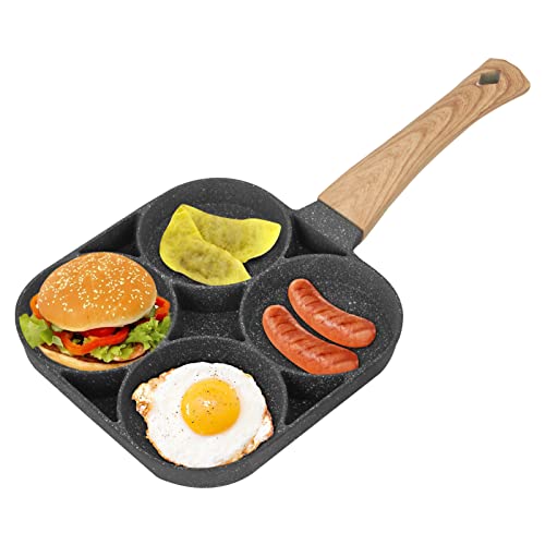 Shoze Egg Frying Pan Non-Stick Egg Pan with 4 Hole Multi Aluminum Alloy Fried Egg Pan with Wooden Handle for Burger Eggs Ham