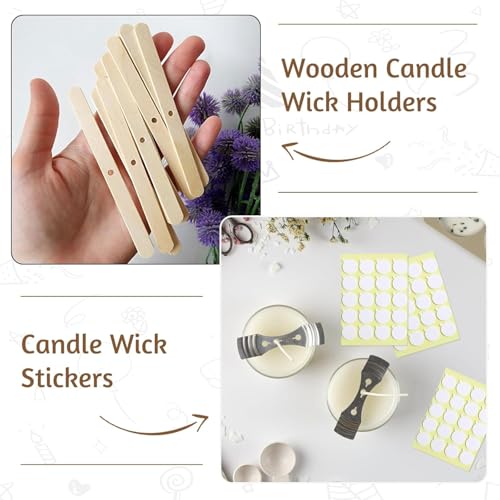 Image of Candle Making Kit, 50 Cotton Wicks 4 inch(10 cm), 54 Wick Stickers, 10 Wooden Wick Holders