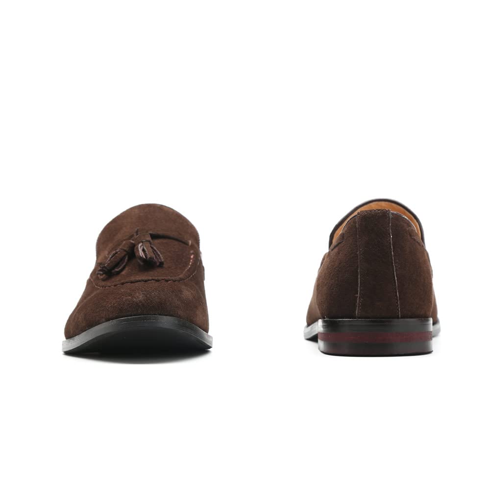 MANLADUO Mocasines de piel de ante para hombre, estilo británico, con borlas y diseño sin cordones