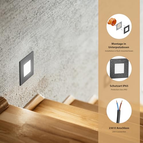 ledscom.de 15 Stück LED Treppenlicht/Wandeinbauleuchte FEX für innen und außen, eckig, anthrazit, 85 x 85mm, kaltweiß