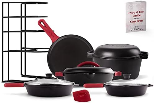 Cast Iron 17-Piece Preseasoned Cookware Set - 8"+10" Skillets + Glass Lids + 5-Quart Dutch Oven + 12" Braiser with Cast Iron Lid + Round Griddle + 15" Organizer Rack + Pan Scraper + Silicone Handle