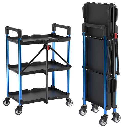 WORKPRO 3-Tier Collapsible Service Cart, 210 LBS Foldable Utility Service Cart with Wheels, Portable Tool Cart for Garage, Warehouse, Home, Restaurant, Office (No Assembly Required) Foldable