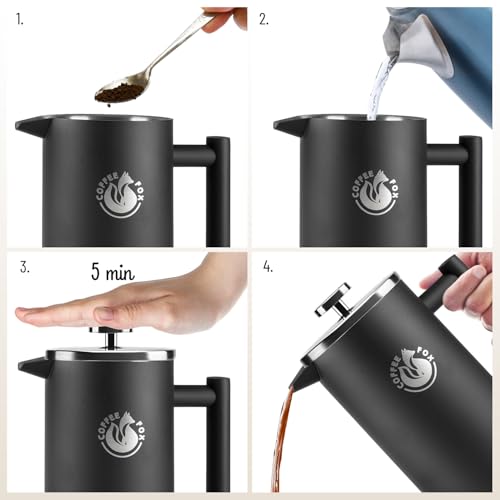 Coffee Fox French Press Double-Walled Stainless Steel Coffee Pot with Black Filter Jug - Classic French Coffee Press (Black 350 ml) - Image 4