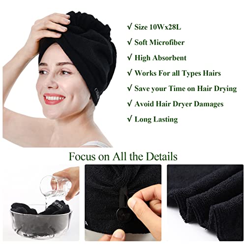 Cogana 2Pack Microfiber Hair Towels, Hair Towel Wrap For Women, Hair Drying Towel With Button, Hair Wrap Towel For Curly Hair, Hair Turban For Wet Hair(10Wx28L, Black) #TOP1