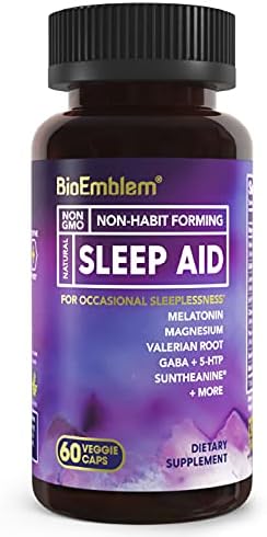 BioEmblem Natural Sleep Aid for Adults with Melatonin, Valerian Root, Suntheanine & More | Healthy Sleep Supplement | Herbal Sleeping Pills | 60 Capsules