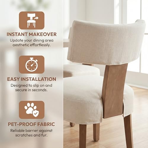 Image of HNY Mid Century Modern Dining Chairs Set of 2 with Seat Covers, Farmhouse Linen Fabric Upholstered Accent Chairs Curved Backrest Kitchen Chairs, with Hardwood Frame, Beige