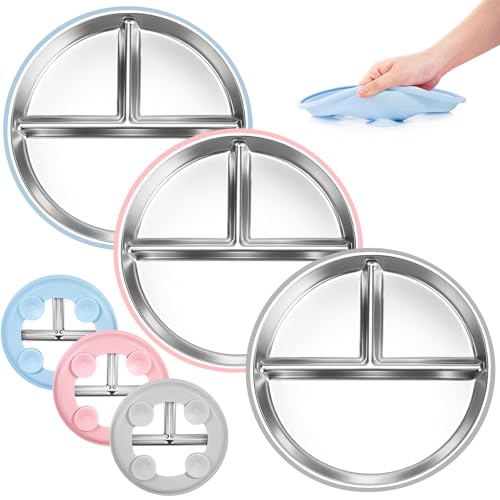 Bella's Friends Stainless Steel Kids Plates Suction Plate for Baby,Toddler Plates Non-Toxic Divided,Food-Grade Silicone Baby Plates,Dishwasher Safe,3 Packs,Grey Mint Green Pink