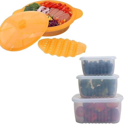3-Piece Silicone Food Containers Reusable Storage Box Bento.microwave Steamer Cooker Collapsible Bowl-Silicone Steamer Cookware #TOP17